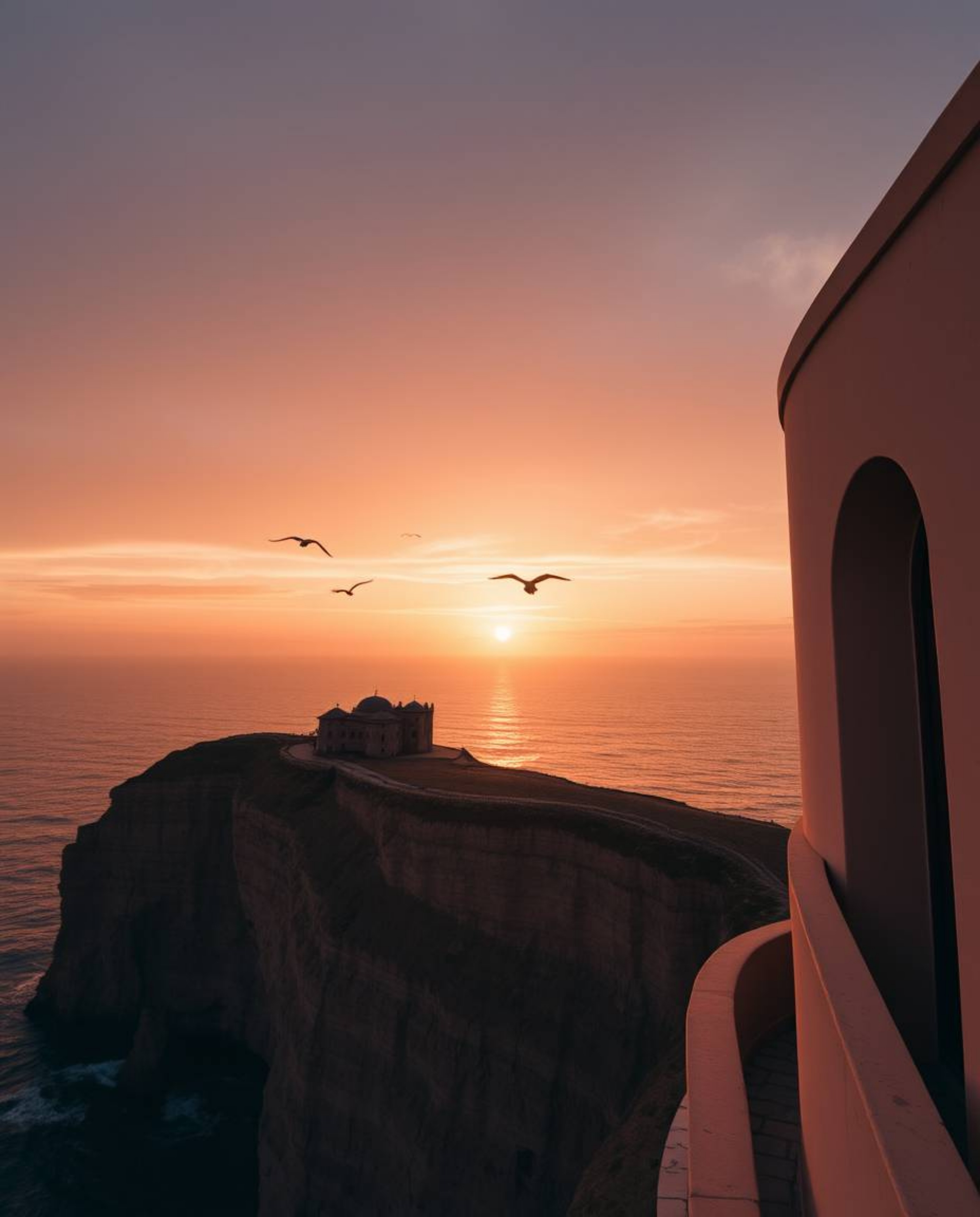 This is an architectural color photograph capturing a sunset over a coastal cliff, with soaring birds adding a dynamic elemen