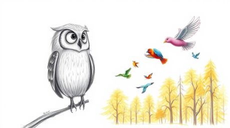 A heartwarming hand-drawn pencil sketch depicts a blind owl with soft feathers and kind eyes, in the style of Pixar.  This ge