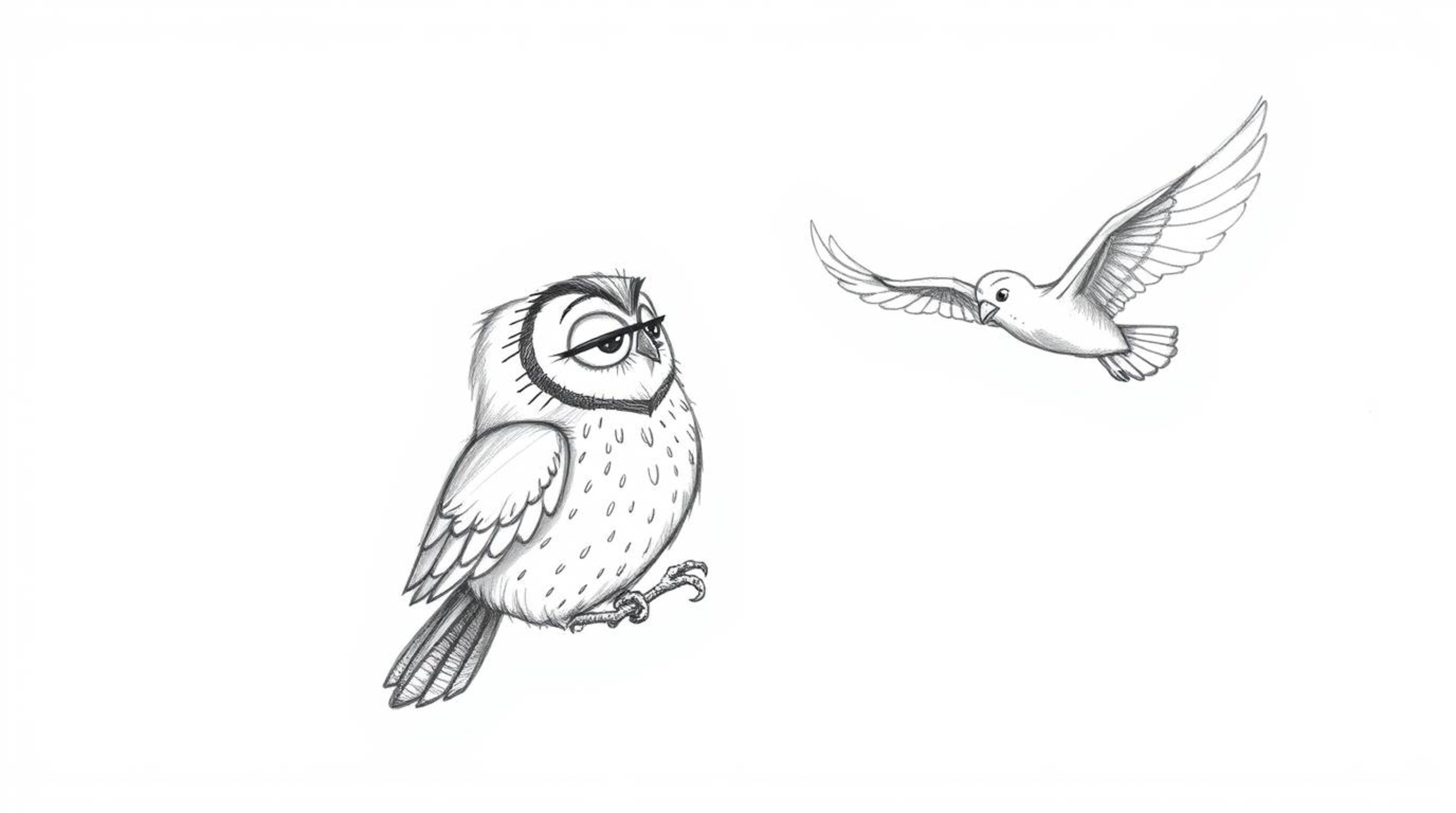 A heart-warming Pixar-style illustration depicts a hand-drawn, textured sketch of a blind owl guiding birds as they learn to 