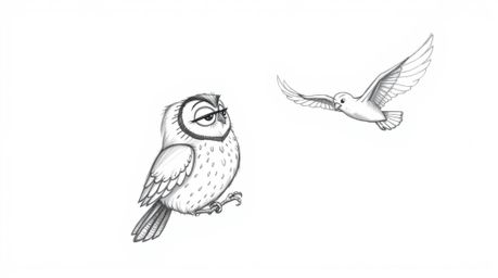 A heart-warming Pixar-style illustration depicts a hand-drawn, textured sketch of a blind owl guiding birds as they learn to 