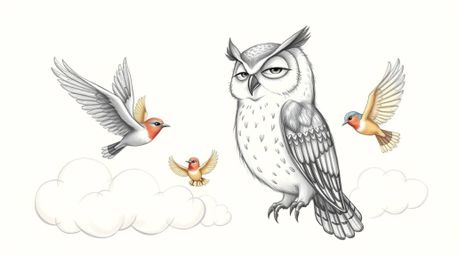 A heartwarming Pixar-style hand-drawn sketch depicts a blind owl with a serene expression, guiding vibrant birds in their fir