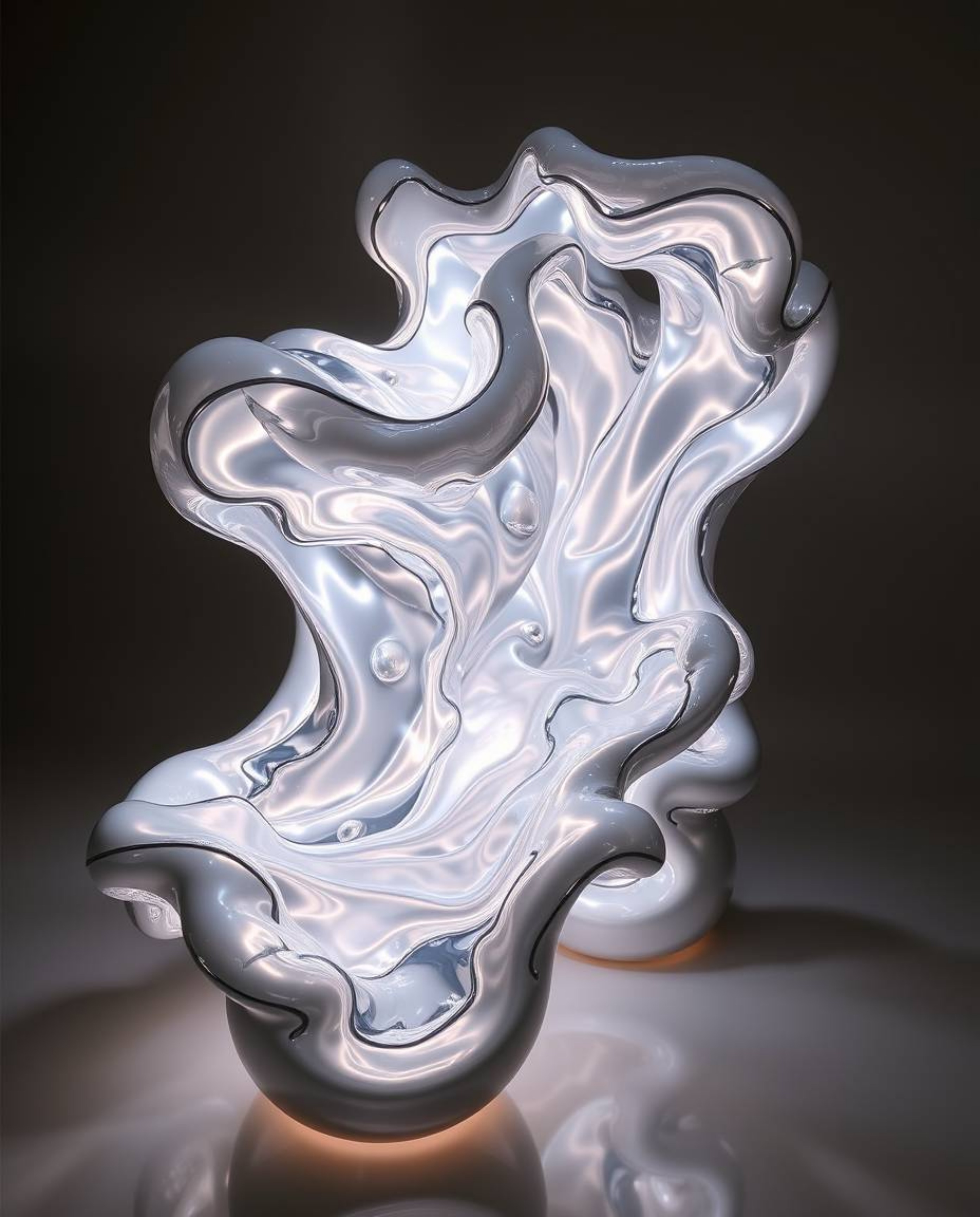 Explore captivating creative light art that illuminates sculptural 3D fluid shapes resembling mercury. Reflective surfaces un