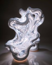 Explore captivating creative light art that illuminates sculptural 3D fluid shapes resembling mercury. Reflective surfaces un
