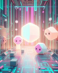Discover an adorable and charming scene of glitched geometric shapes floating in a pastel-colored cyberspace matrix. This sof