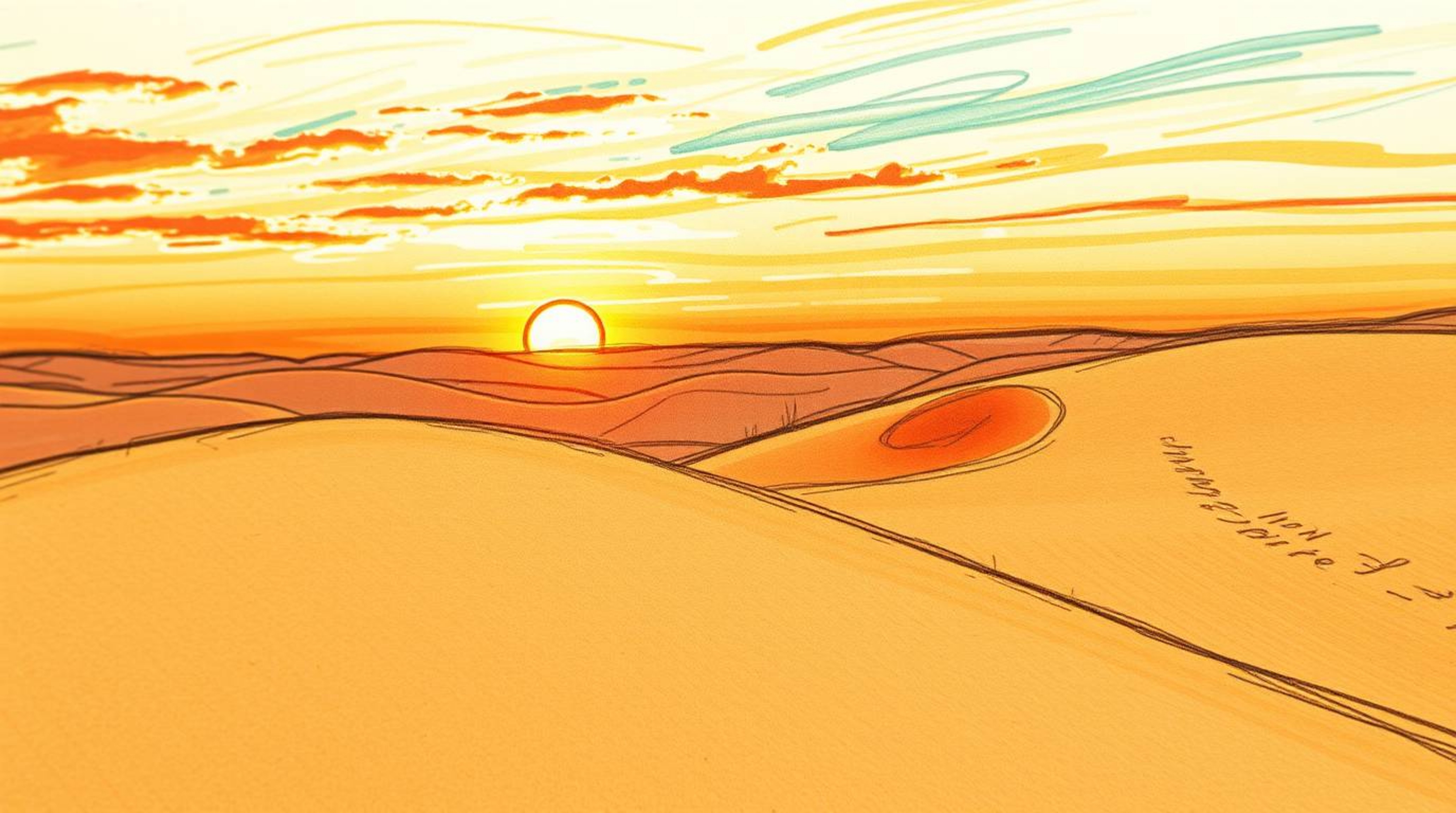 A captivating close-up hand-drawn sketch showcases a detailed sunset over golden desert dunes.  The color sketchnote style em
