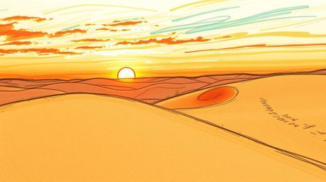 A captivating close-up hand-drawn sketch showcases a detailed sunset over golden desert dunes.  The color sketchnote style em