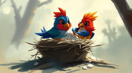 A dynamic digital sketch showcases two cartoon birds constructing a nest.  Rendered in a painterly style with bright, complem