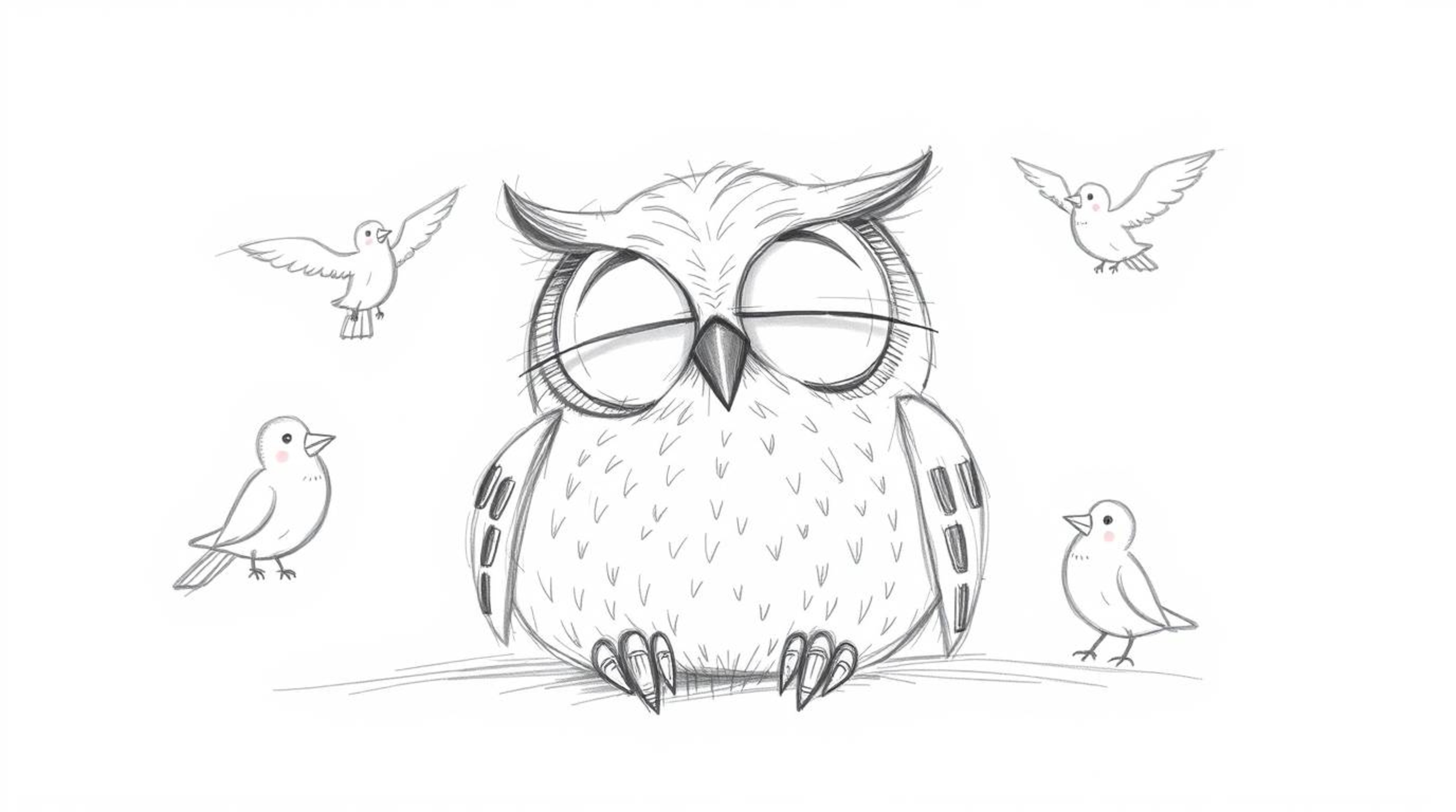 A heartwarming hand-drawn sketch in the style of Pixar depicts a blind owl with gentle, round features resting peacefully on