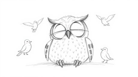 A heartwarming hand-drawn sketch in the style of Pixar depicts a blind owl with gentle, round features resting peacefully on 