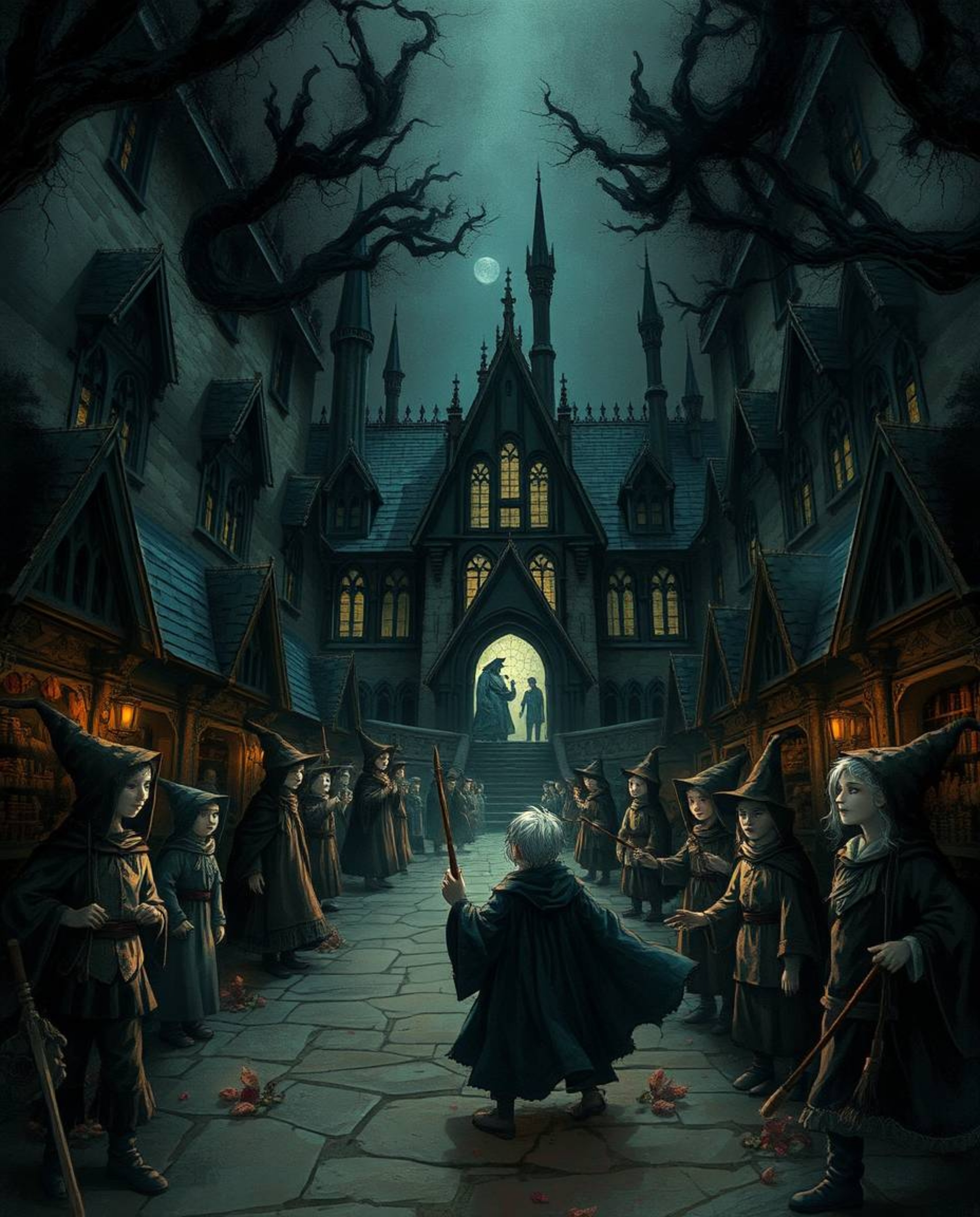 An unsettling and detailed illustration of a dark, magical school brimming with young wizards. Rendered in a palette of dark 