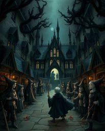 An unsettling and detailed illustration of a dark, magical school brimming with young wizards. Rendered in a palette of dark 
