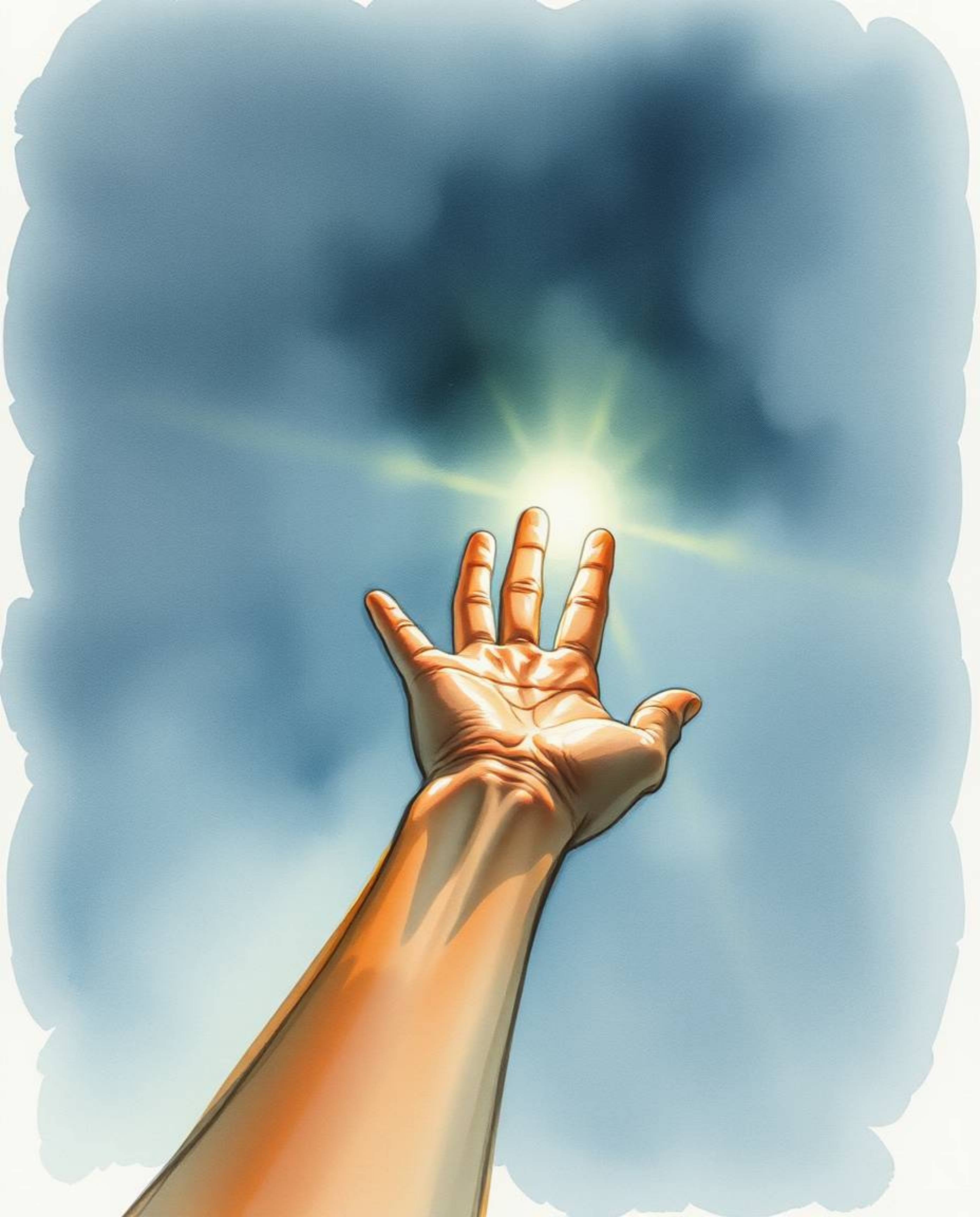 A delicate watercolor painting depicts a hand reaching towards light from darkness, rendered with translucent washes and flui