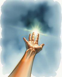A delicate watercolor painting depicts a hand reaching towards light from darkness, rendered with translucent washes and flui