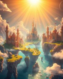 Discover a breathtaking high-resolution stock photo depicting a vibrant fantasy kingdom. Floating islands and majestic castl