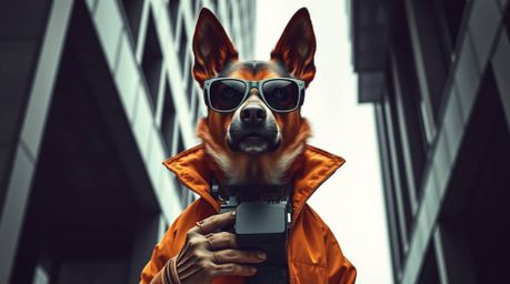 Explore a captivating architectural color photograph featuring a dog detective equipped with high-tech gadgets. This high-con