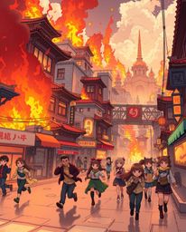 A charming Isekai anime scene depicts a city consumed by flames, with people fleeing in panic. The artwork utilizes a warm co