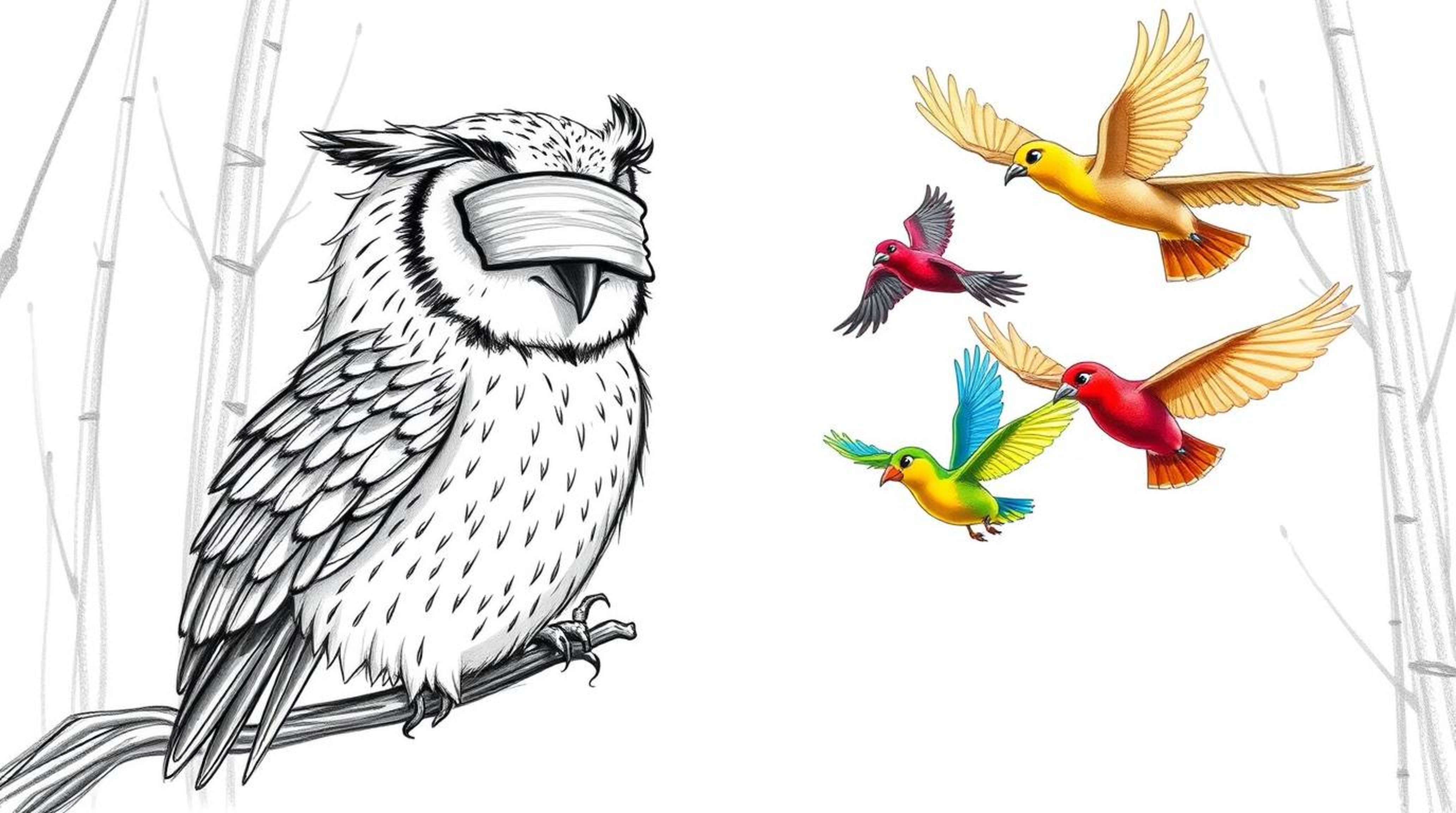 A heartwarming hand-drawn illustration in the style of Pixar depicts a blind owl with detailed feathers and a gentle expressi