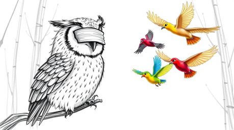 A heartwarming hand-drawn illustration in the style of Pixar depicts a blind owl with detailed feathers and a gentle expressi