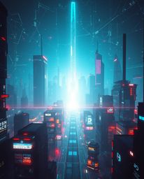 A captivating high-angle shot depicts a futuristic city engulfed in a glitch effect.  Silhouetted against a vibrant backlight