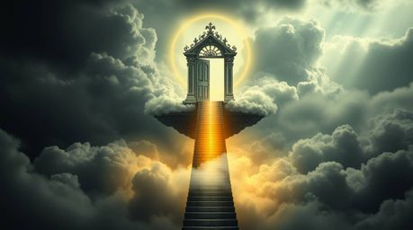 A captivating image depicting a strong, moody style with dreamlike surreal imagery. A heavenly gate floats above clouds, stai