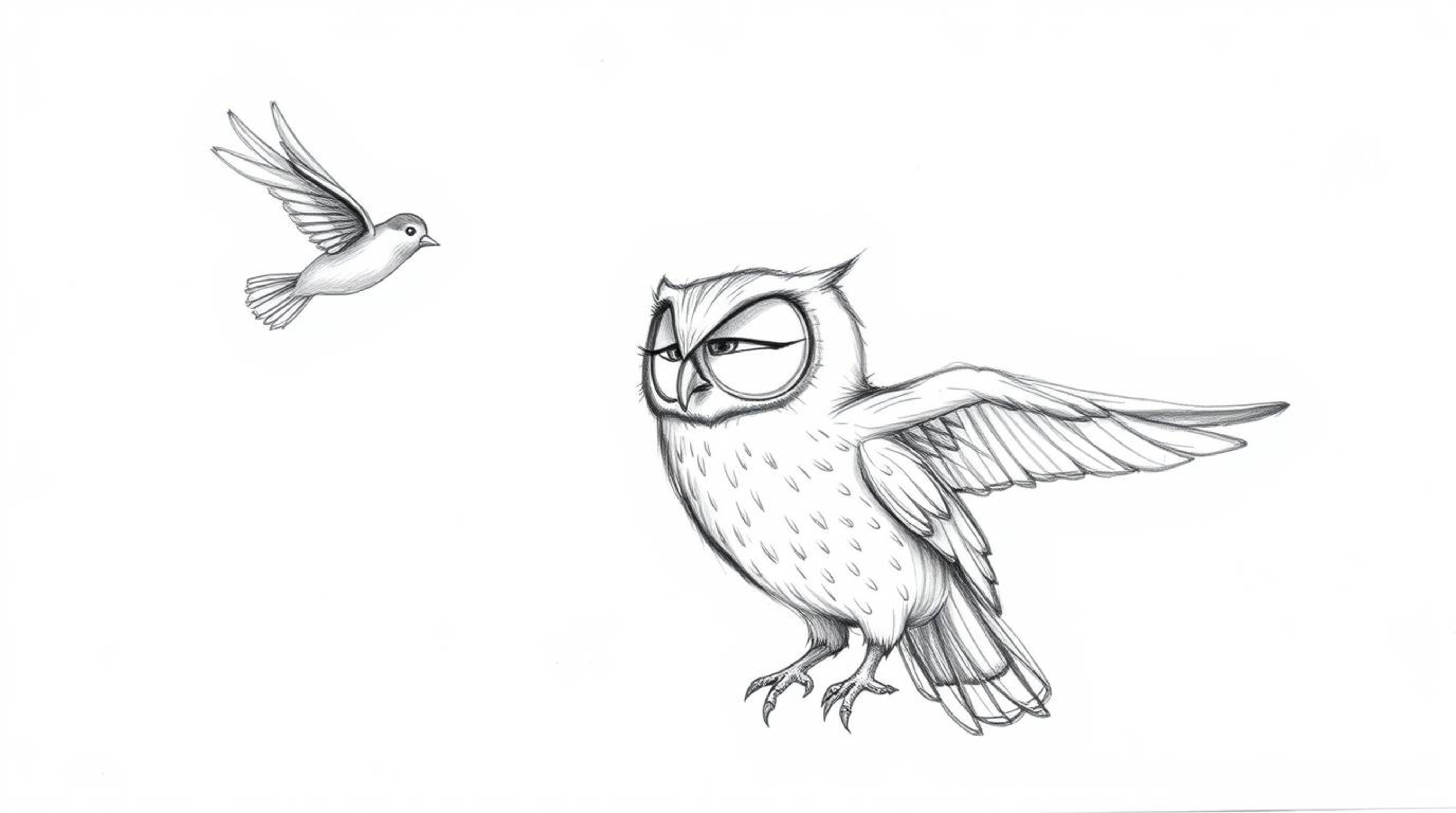This hand-drawn pencil sketch depicts a heartwarming scene of a blind owl, rendered in a Pixar-esque style, patiently teachin