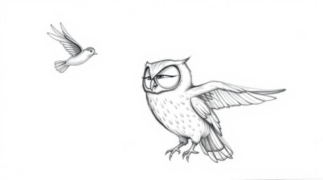 This hand-drawn pencil sketch depicts a heartwarming scene of a blind owl, rendered in a Pixar-esque style, patiently teachin