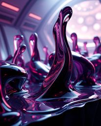 This captivating 3D render plunges viewers into a surreal sci-fi landscape, showcasing melted glass shapes sculpted into grac