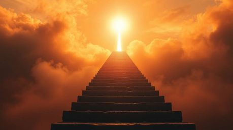 A surreal artwork depicts a stairway ascending through smoky clouds towards a celestial light, bathed in warm autumnal hues. 