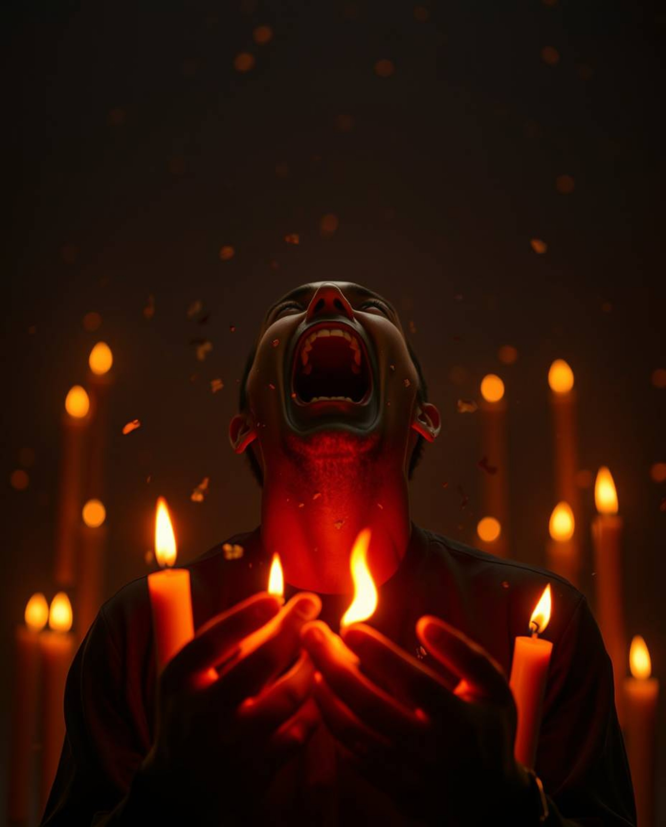 A surreal digital art piece depicting a person screaming as their world fractures into pixels, bathed in the warm, flickering