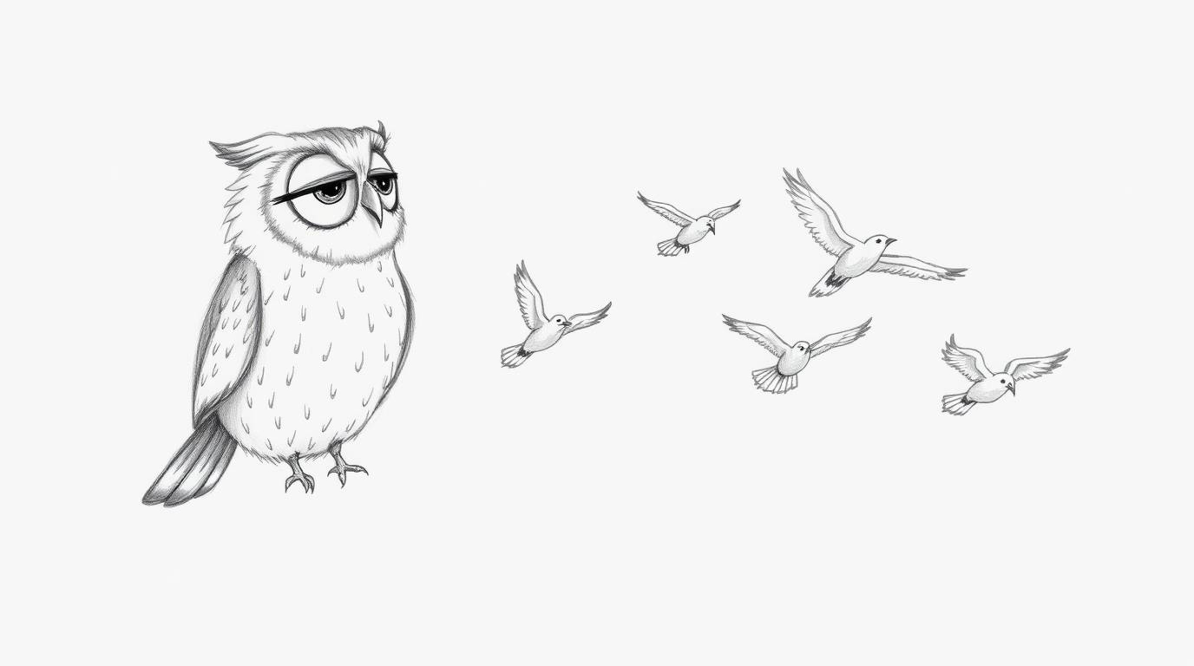 A hand-drawn pencil sketch in the style of Pixar portrays a blind owl with soft, feathery textures, guiding a flock of birds 