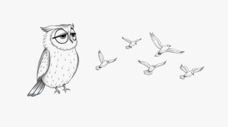 A hand-drawn pencil sketch in the style of Pixar portrays a blind owl with soft, feathery textures, guiding a flock of birds 