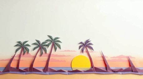 Experience a mesmerizing blend of intricate origami and a vibrant tropical beach sunset. Imagine meticulously folded paper cr