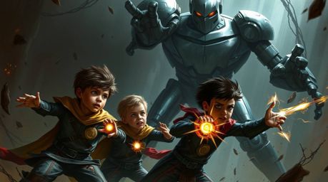 A digital painting showcases three superpowered children with unique features and diverse skin tones engaged in a fierce batt