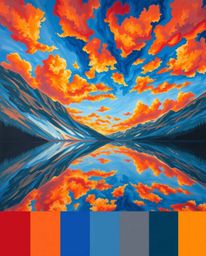 A vibrant painting featuring the reflections of fiery clouds in a mountain lake, created with a masterful use of complementar