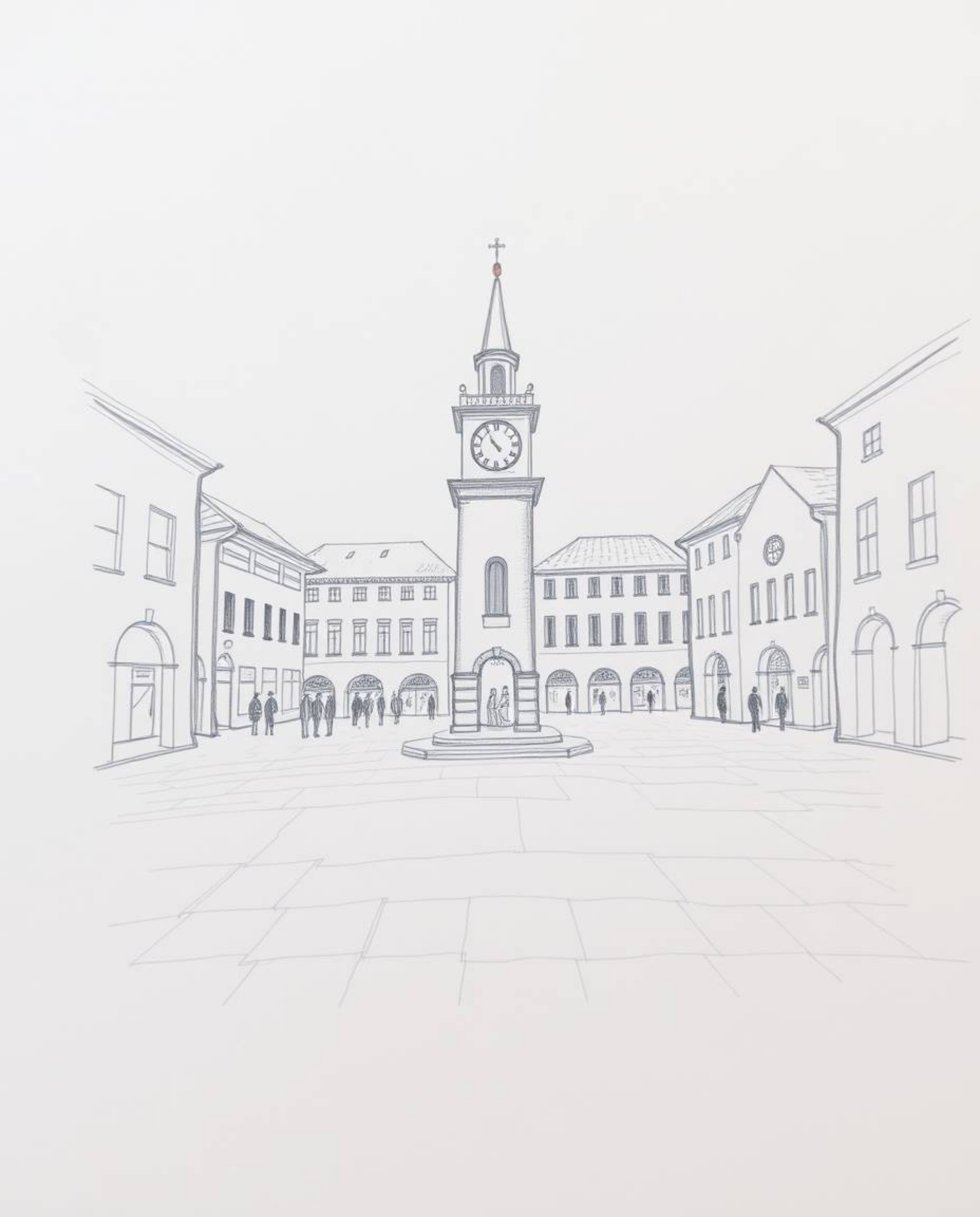 A hand-drawn sketch depicts an eerily empty town square, emphasized by the unsettling sound of ticking clocks with no people 
