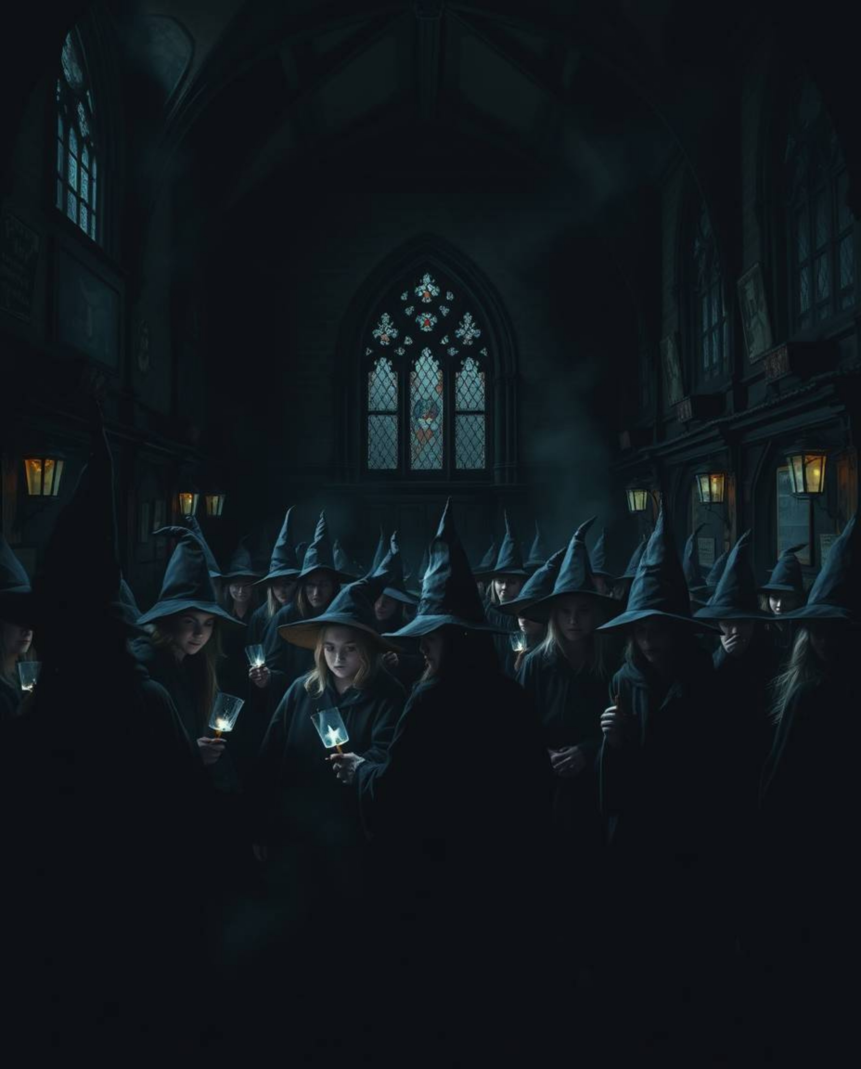 Explore a magical school brimming with young wizards, captured in strong contrasts and deep shadows. The setting is defined b