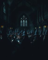 Explore a magical school brimming with young wizards, captured in strong contrasts and deep shadows. The setting is defined b