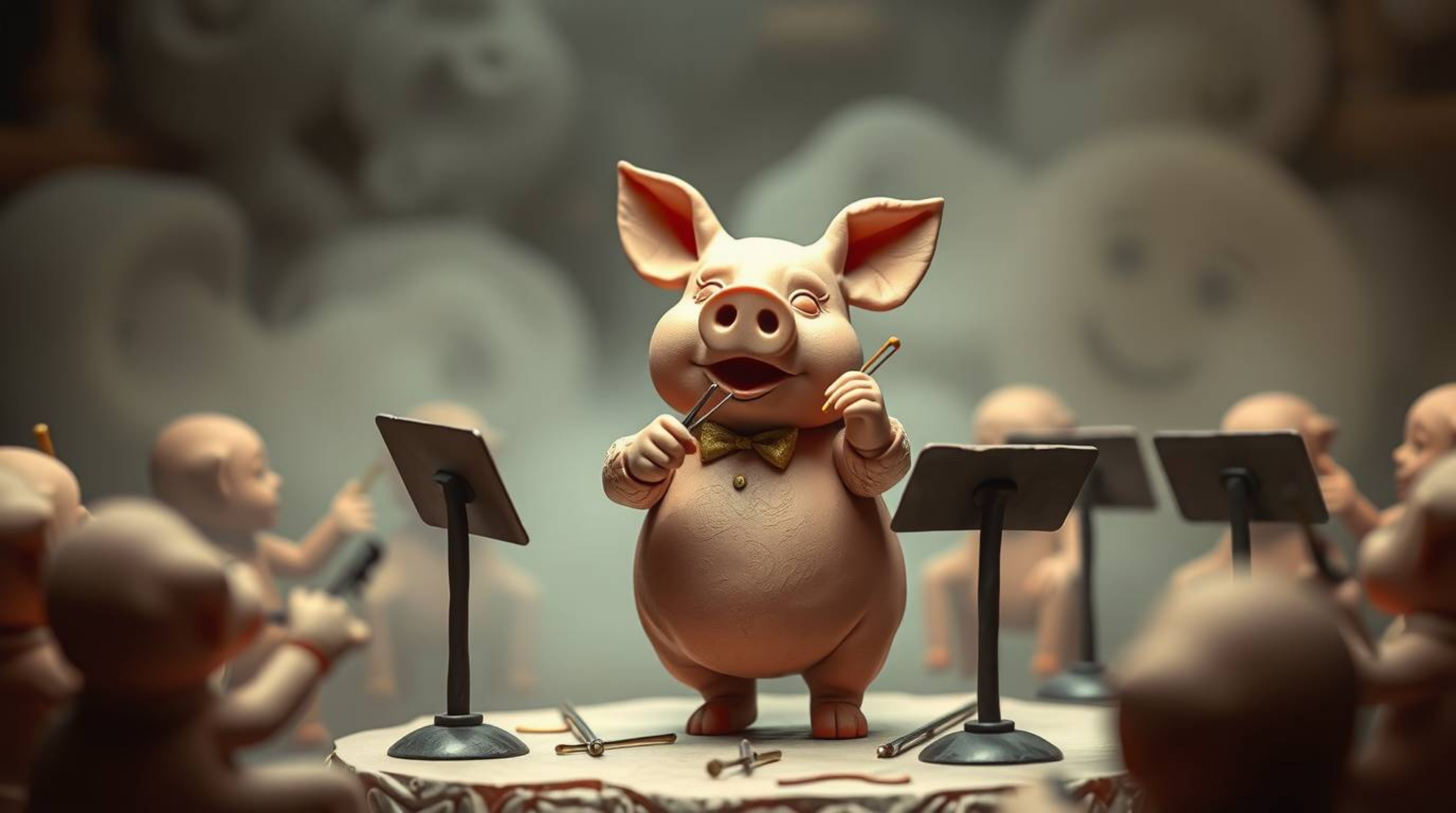 A whimsical clay sculpture depicts a charming pig character conducting an orchestra.  The piece features soft, dreamy lightin