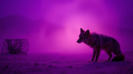 A textured coyote meticulously sets an absurd desert trap, bathed in deep ultraviolet hues and vivid purples, creating a stri