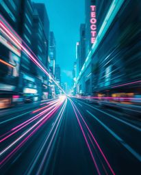 A long-exposure photograph showcases the dynamic motion trails of light within a futuristic cityscape, bathed in cool hues of