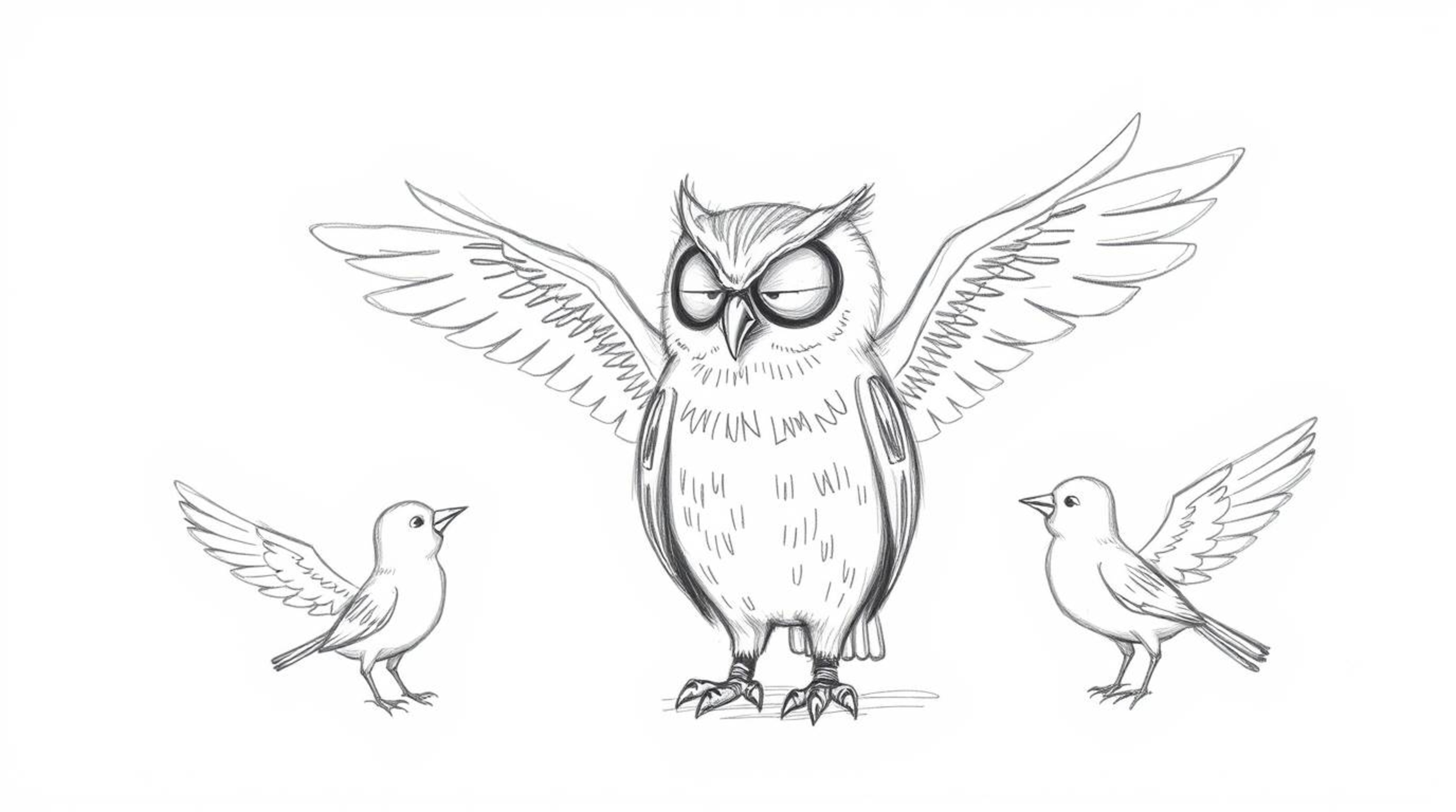 A heartwarming Pixar-style hand-drawn sketch depicts a wise, blind owl with soft feathers guiding birds in designing their dr