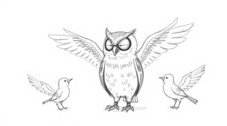 A heartwarming Pixar-style hand-drawn sketch depicts a wise, blind owl with soft feathers guiding birds in designing their dr