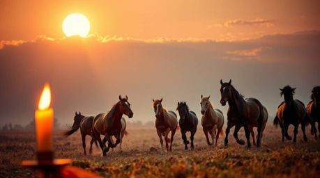 Experience the raw power and beauty of nature with this image depicting a herd of wild horses running freely under a radiant,