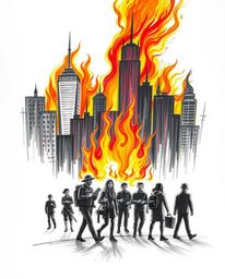 A hand-drawn sketch of a city consumed by flames, showcasing silhouetted figures against a bright, vibrant backdrop. The artw