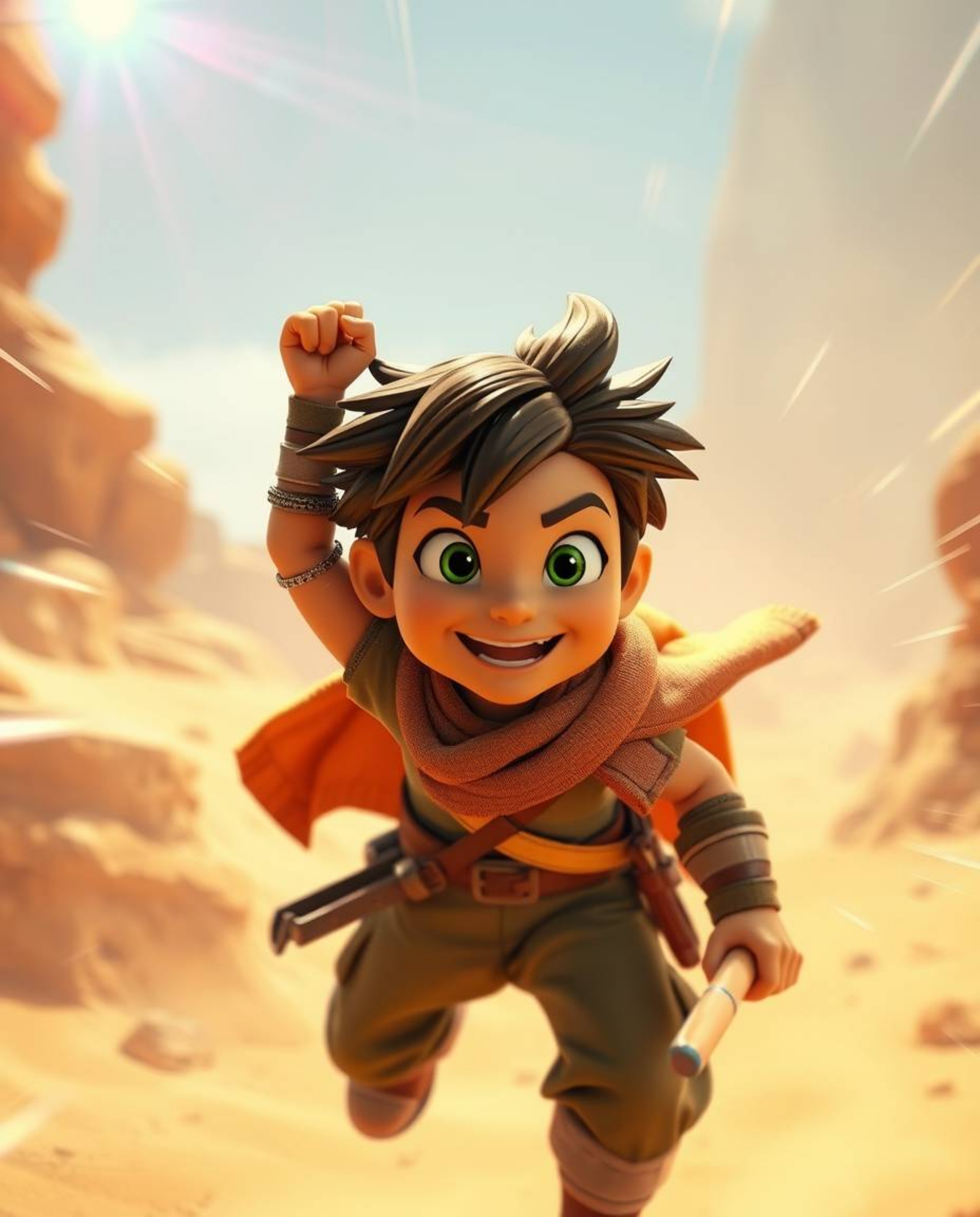 Embark on a thrilling Disney-style desert adventure with a brave and energetic hero! This vibrant scene, bursting with bright