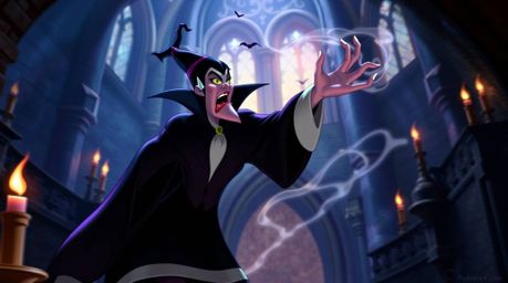 A dynamic depiction of a classic Disney villain casting a spell within an ancient castle.  The scene is awash in iridescent c
