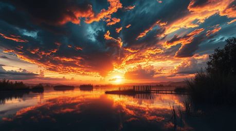 A breathtaking scene unfolds, showcasing a tranquil pond mirroring a vibrant sunset under a dramatic, stormy sky. Intense lig