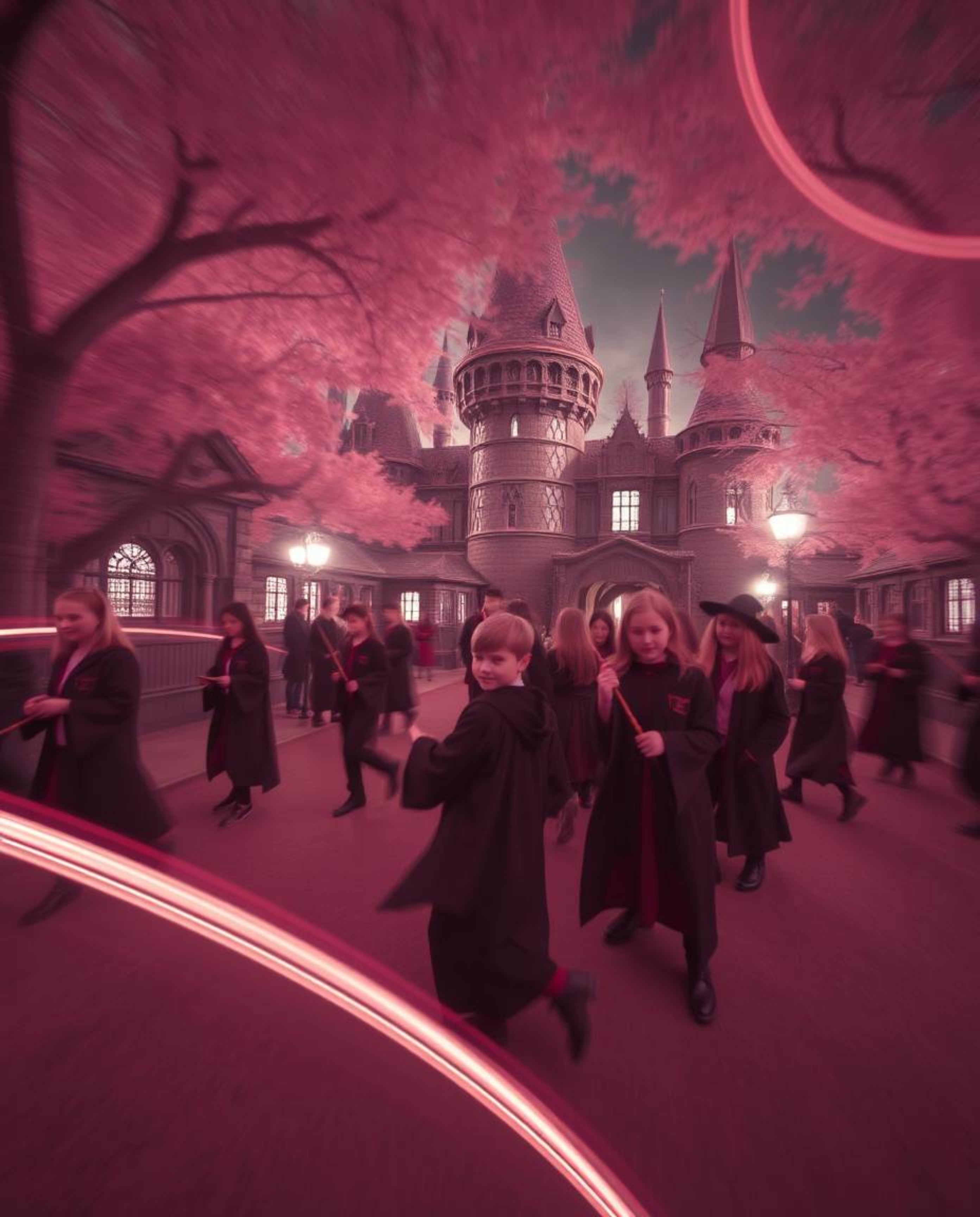 Explore a surreal world captured through infrared tones and long exposure techniques, depicting a magical school filled with 
