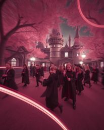 Explore a surreal world captured through infrared tones and long exposure techniques, depicting a magical school filled with 