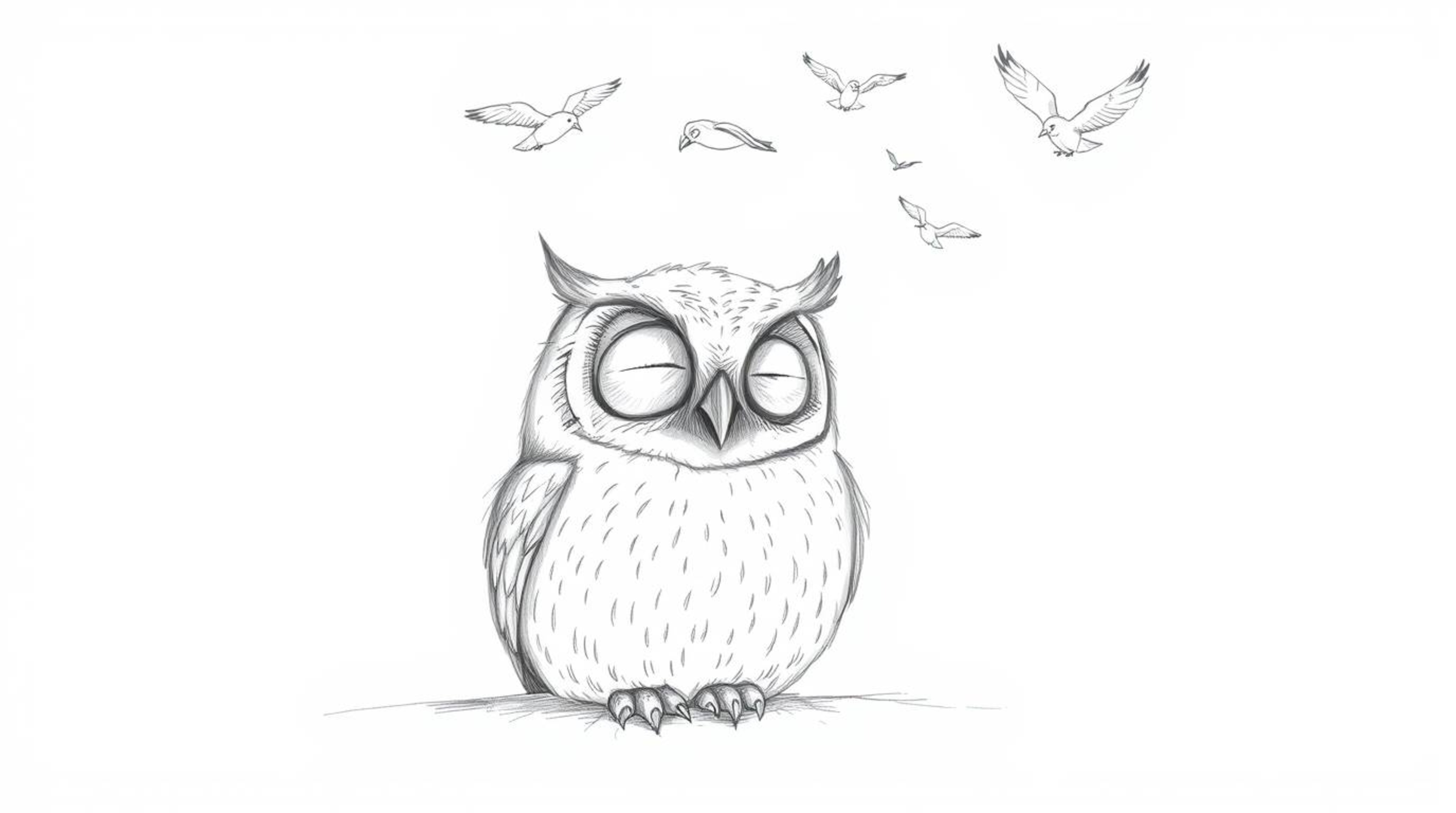 A hand-drawn pencil sketch in a Pixar-esque style depicts a blind owl with subtly textured feathers, resting peacefully again